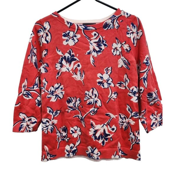 Lands End Womens Sweater Small Coral Floral Cotton 3/4 Sleeve Crew Neck Pullover - Picture 1 of 7